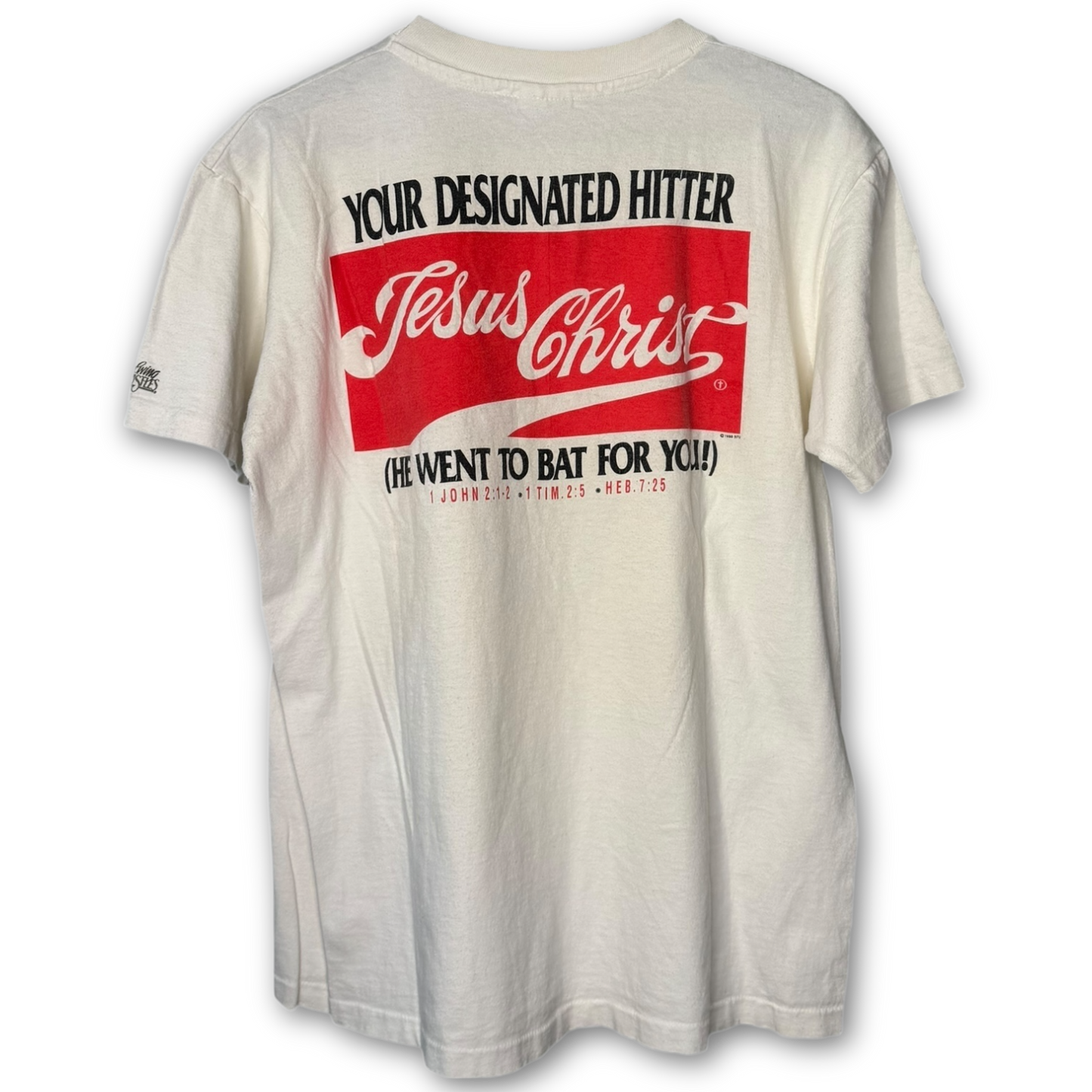 Vintage 90s His Sacrifice Jesus Baseball T-Shirt L Premier Tag Designated Hitter Single Stitch