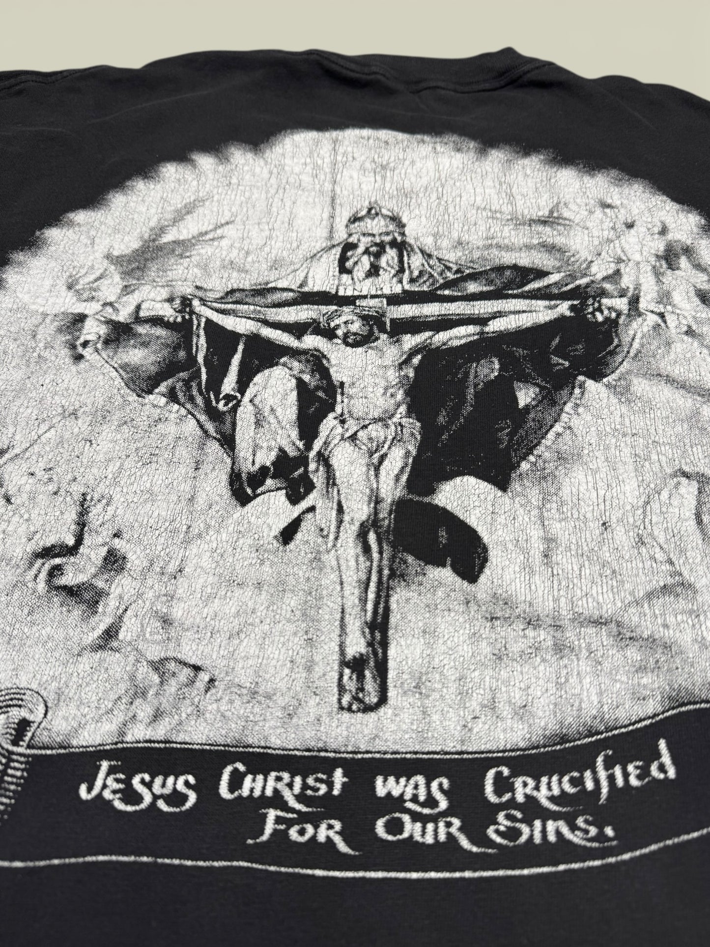 Vintage Jesus Christ Crucified For Our Sins T-Shirt XL Single Stitch Scroll Graphic