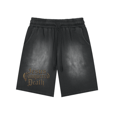 Jesus Conquered Death Rectangle Patch Washed Shorts - Premium  from ODMPOD - Just $37.50! Shop now at Feu de Dieu