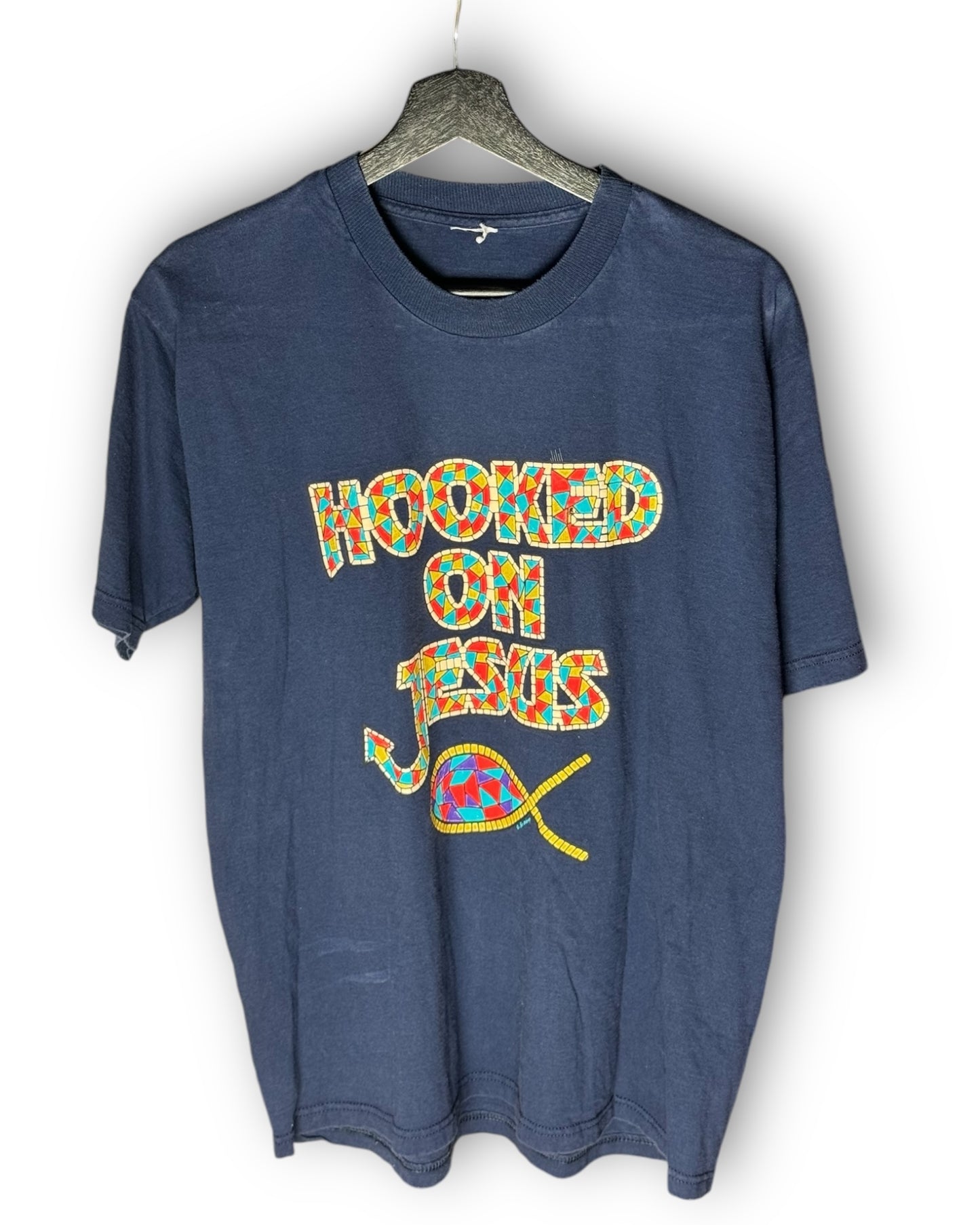 Hooked on Jesus Stain Glass Vintage T-Shirt L - Premium Christian Jesus Vintage T-shirts from Vintage - Just $45! Shop now at Feu de Dieu