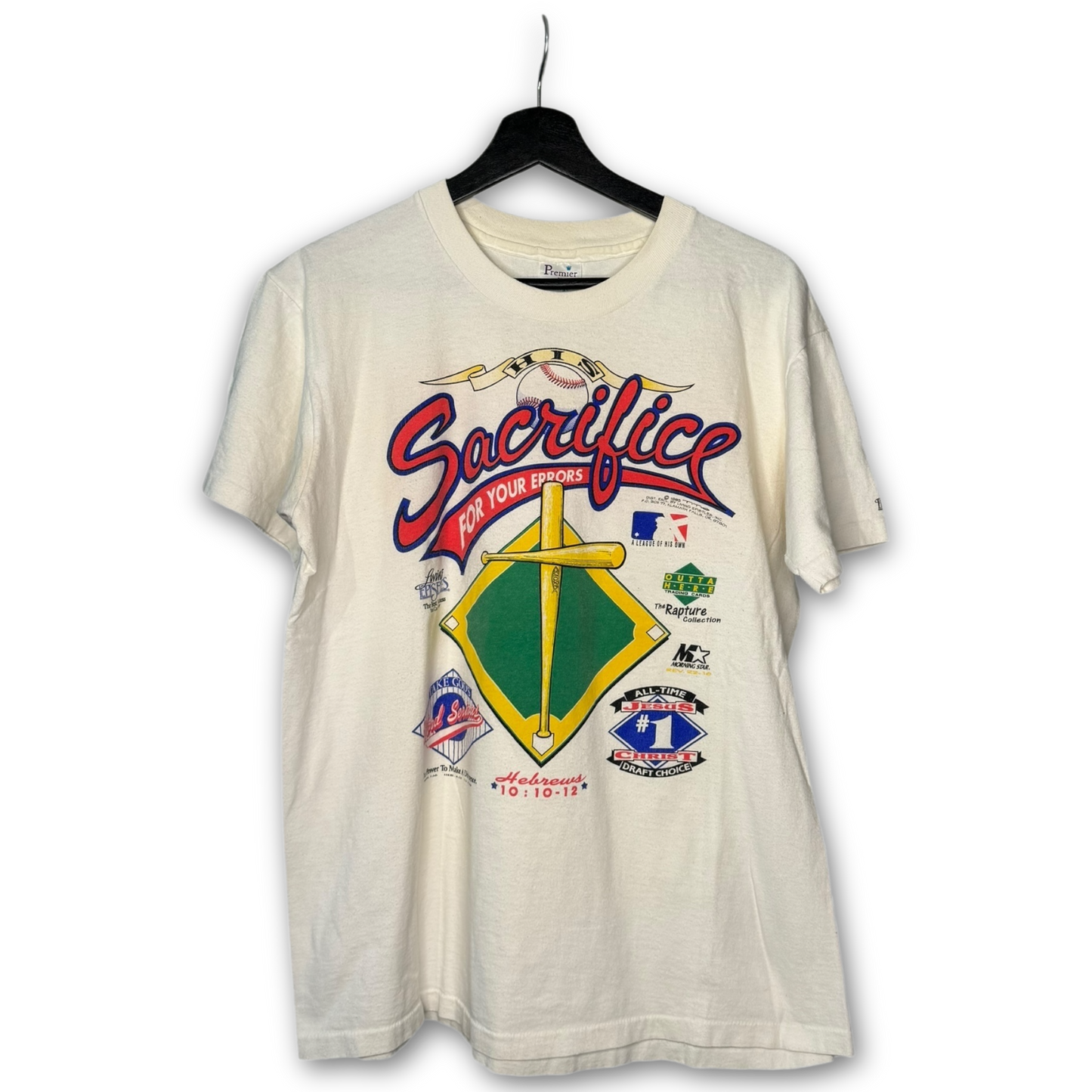 Vintage 90s His Sacrifice Jesus Baseball T-Shirt L Premier Tag Designated Hitter Single Stitch