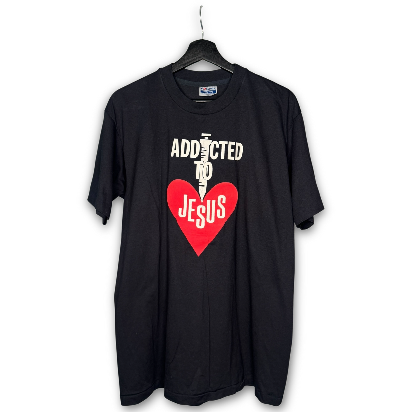 Vintage 90s Addicted To Jesus T-Shirt L Hanes 50/50 Puff Print Syringe Heart Graphic Single Stitch