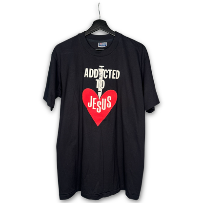 Vintage 90s Addicted To Jesus T-Shirt L Hanes 50/50 Puff Print Syringe Heart Graphic Single Stitch
