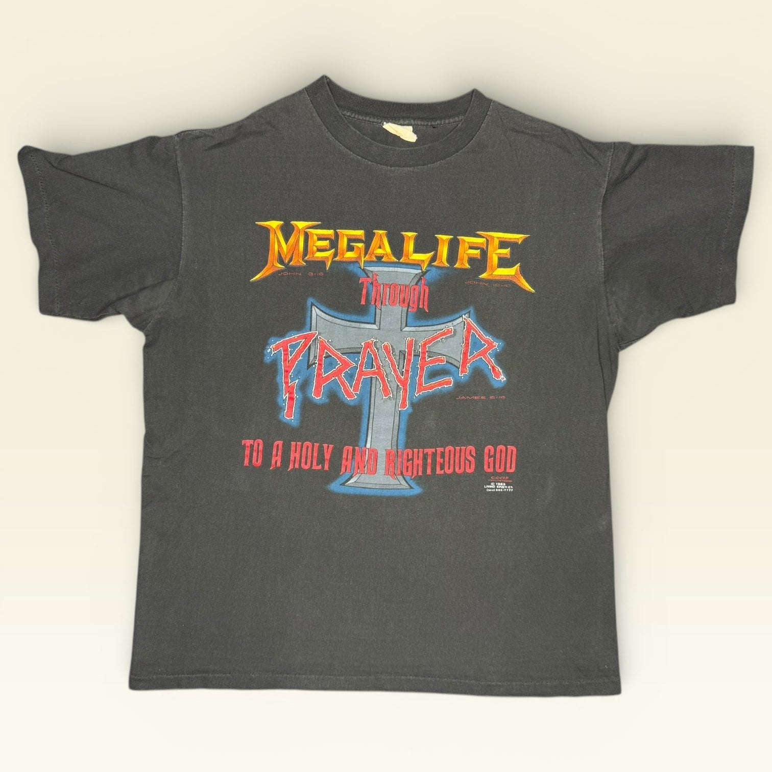 Vintage 1993 Megalife Living Epistles T-Shirt L Megadeth Parody Metal Logo
