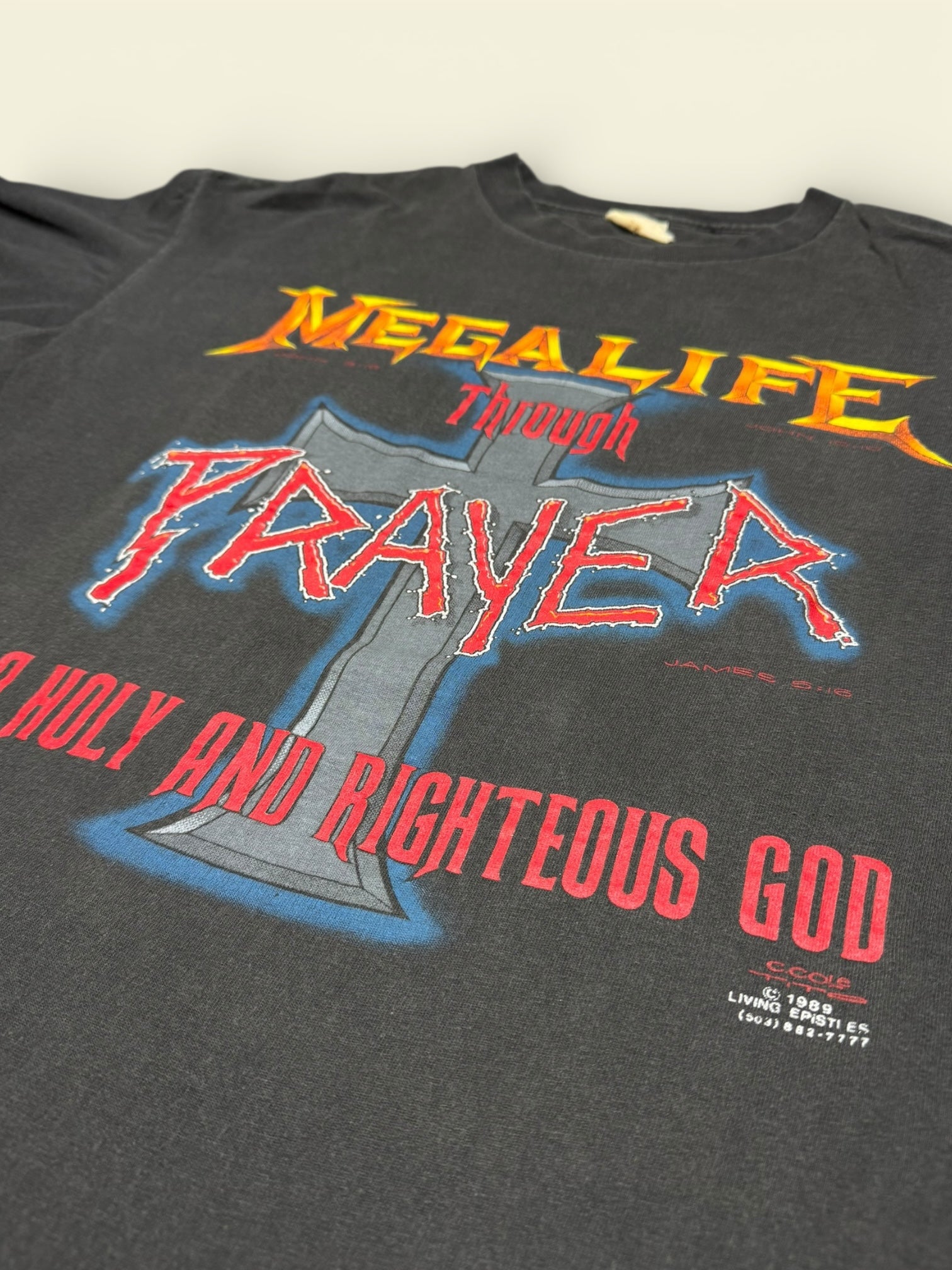 Vintage 1993 Megalife Living Epistles T-Shirt L Megadeth Parody Metal Logo