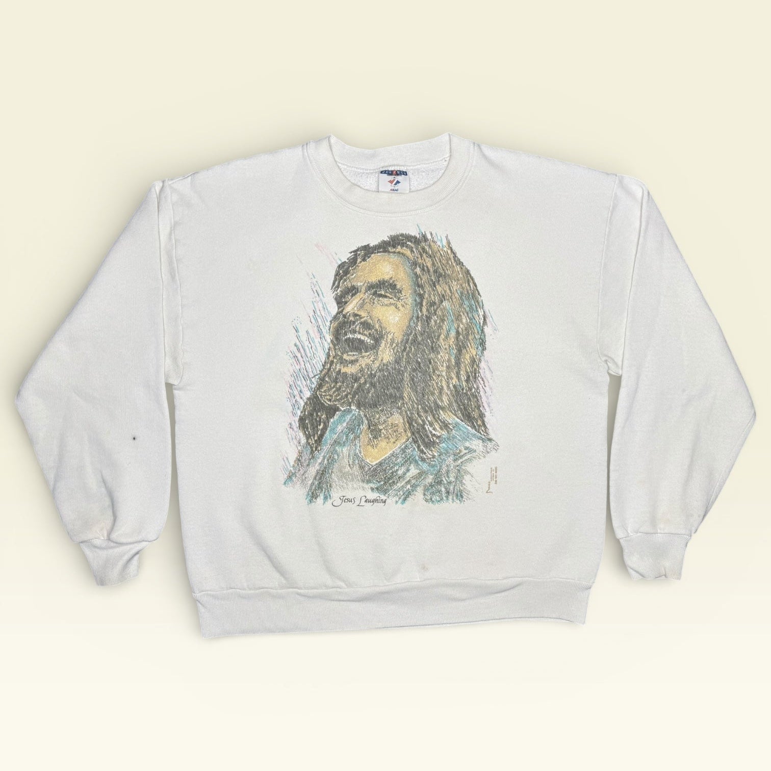Vintage 90s Jesus Laughing Sketch Sweatshirt L/XL Ralph Kozak Art Christian Crewneck