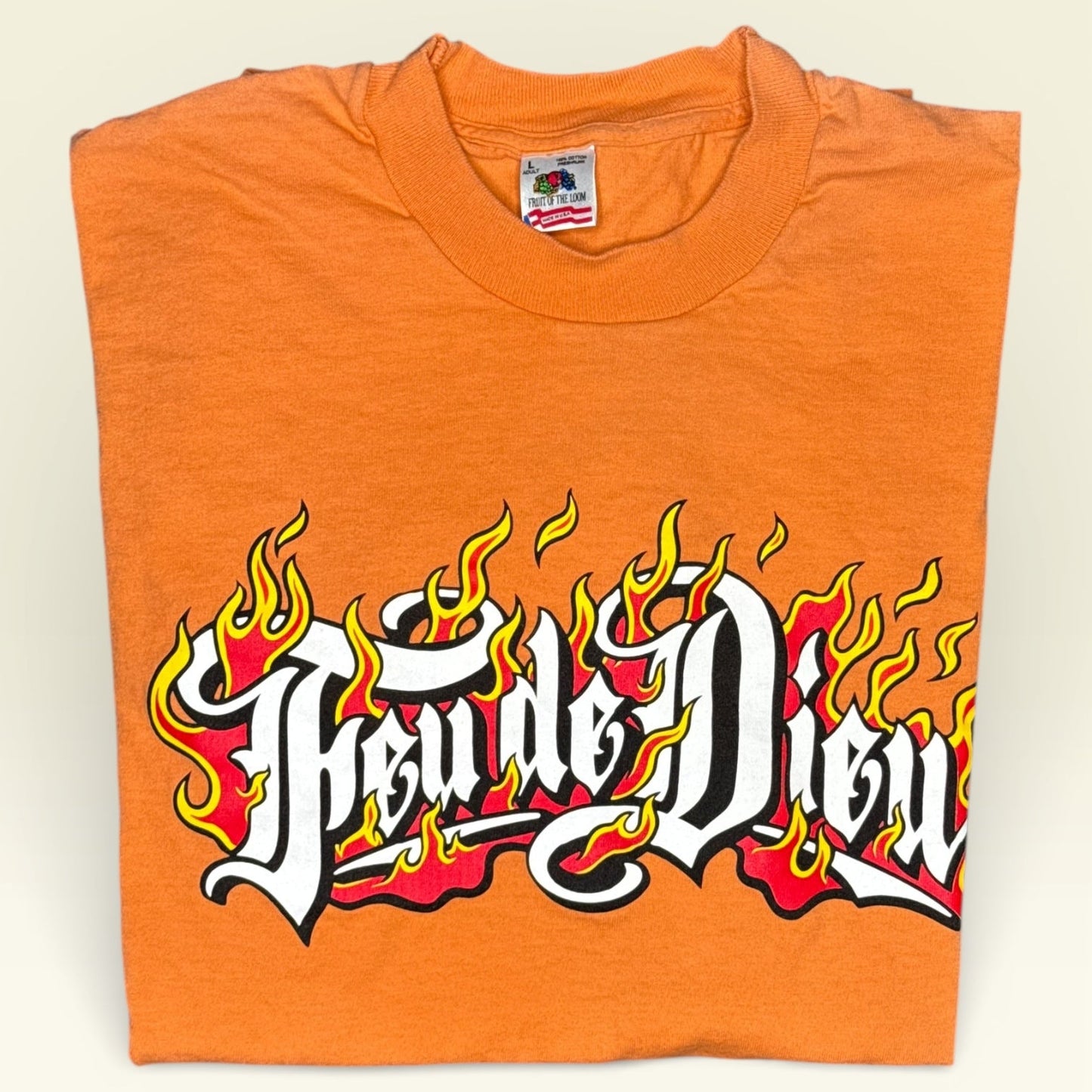 Vintage Feu de Dieu in Flame T-Shirt Salmon/Orange Single Stitch Fruit of the Loom